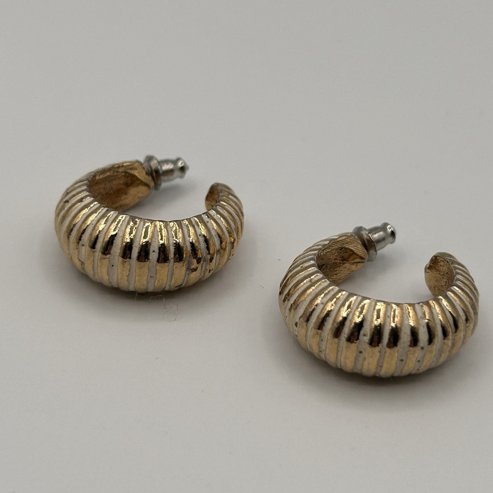 Vintage Coro Pierced Earrings Gold tone White Enamel Textured Open Hoop Signed